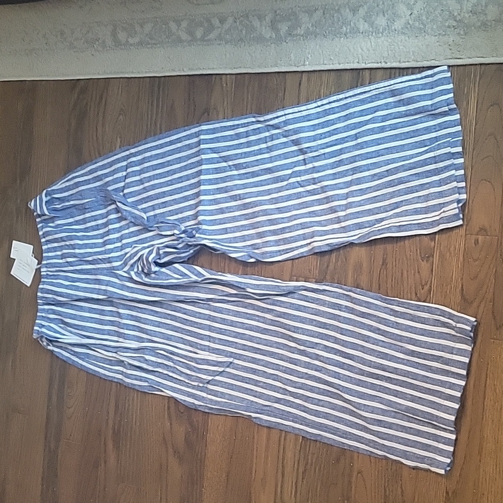 Blue/White Striped Florencia Linen Blend Pants